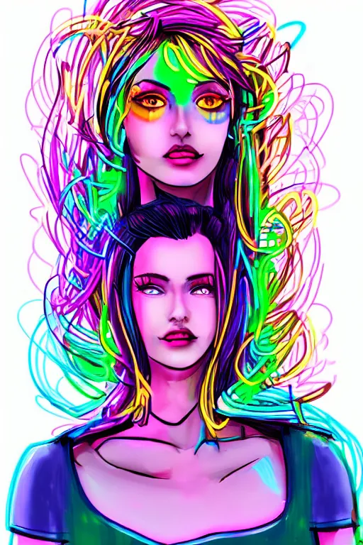 Image similar to a award winning portrait of a beautiful woman with stunning eyes in a one off shoulder croptop and cargo pants with rainbow colored hair, outlined by whirling illuminated neon lines and fine lines swirling in circles by ossdraws, digital art, trending on artstation