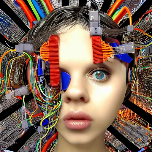 Image similar to deeper into the metaverse we go, piles of modular synth cables, kawaii puerto rican goddess swimming up wearing a headpiece made of circuit boards, by cameron gray, wlop, stanley kubrick, masamune, hideki anno, jamie hewlett, unique perspective, trending on artstation, 3 d render, vivid