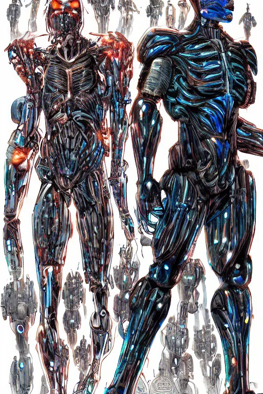 Image similar to cyborg warriors in crynet nanosuit with powerful biological muscle augmentation, at dusk, a color illustration by tsutomu nihei and tetsuo hara
