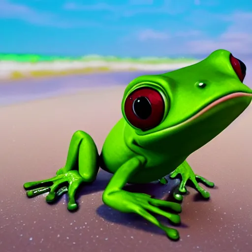 Prompt: 3 d octane chibi frog character surfing at the beach, pixar style