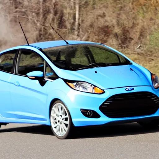 Image similar to crackhead destroying a blue 2013 ford fiesta