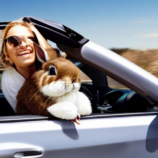 Prompt: a cute bunny driving a fully visible convertible, studio photo, high quality