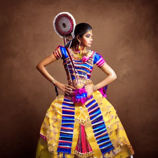 Image similar to Studio Photo of a beautiful female Indian model in a Mariachi costume, 4k resolution, 88mm lens, 8k