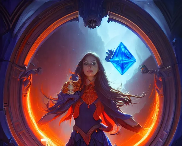 Image similar to blue and orange portal, deep focus, d & d, fantasy, intricate, elegant, highly detailed, digital painting, artstation, concept art, matte, sharp focus, illustration, hearthstone, art by artgerm and greg rutkowski and alphonse mucha