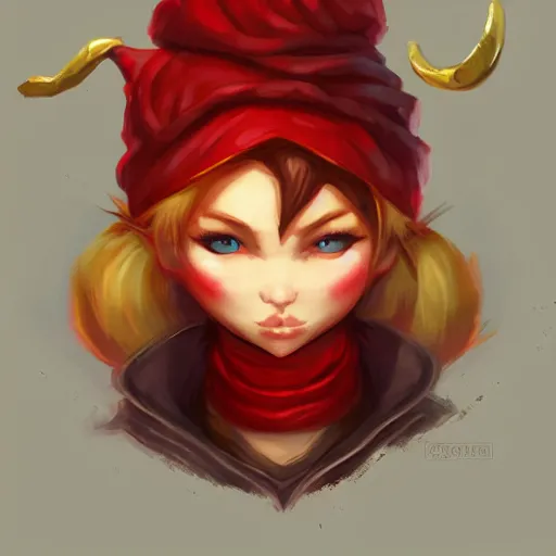 Image similar to Yordle Girl, cleric, red scarf, hatched pointed ears, Gold earring, headshot, concept art, illustration, beautiful, artgerm, trending on artstation, by Anato Finnstark and Randy Vargas
