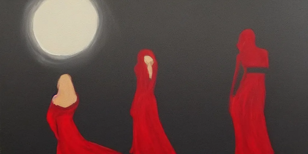 Image similar to painting, very dark, woman in a red dress, faceless, crows