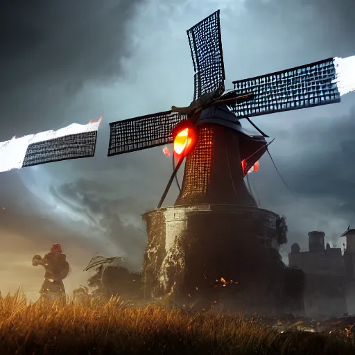 Image similar to dutch gundam as dutch windmill in gears of war, netherlands, dutch flag, splash art, movie still, cinematic lighting, ray tracing, octane render, long lens, shallow depth of field, bokeh, anamorphic lens flare, 8 k, hyper detailed, 3 5 mm film grain