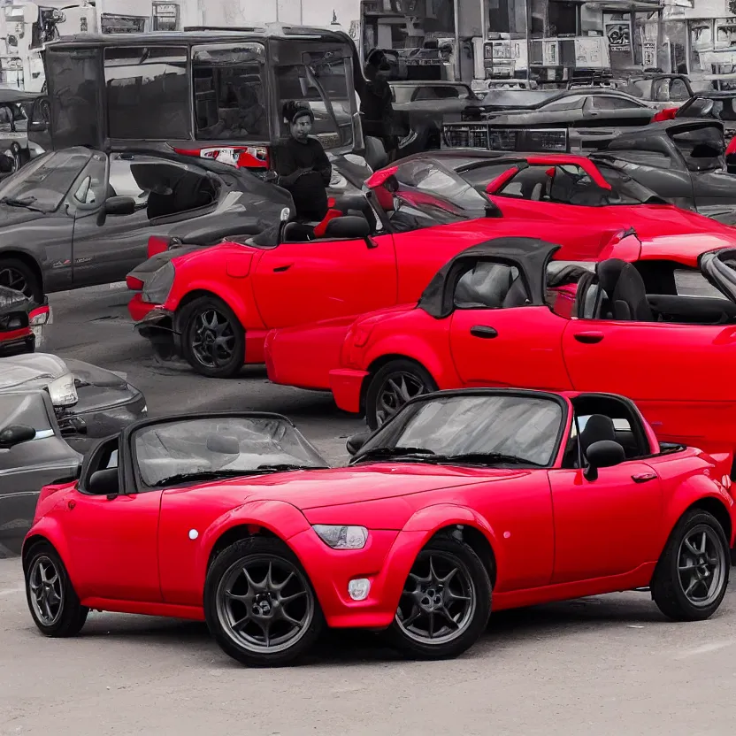 Image similar to miata mx 5, 9 0 s miata pop up, kyza saleem, realistic, 4 k, red