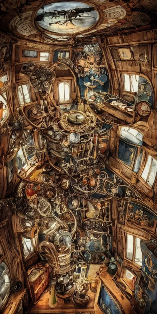 Image similar to a vintage steampunk living airship by alexander jansson and where's waldo and leonardo da vinci