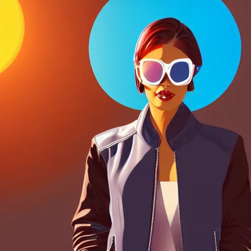 Image similar to a woman with light blue shutter shades in front of a sunset, a dark brown leather jacket, one side brown haircut with blue tips on the end, vector art by jan tengnagel, pixabay contest winner, retrofuturism, retrowave, synthwave, outrun, portrait, synthwave