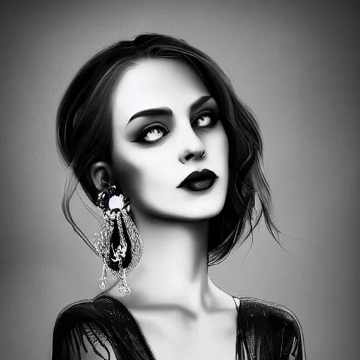 Prompt: digital art painting portrait of elegant gothic lady with earrings, black and white, black colours, hard edges, high quality, textured, caestrad, cell shading, dark background, mystic, dripping, perfect lighting, high contrast, arstation, artgerm, wlop, 4 k