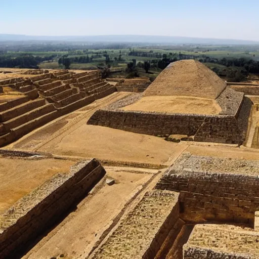 Image similar to bronze age empire, view from above, pyramids and ancient agriculture landscape