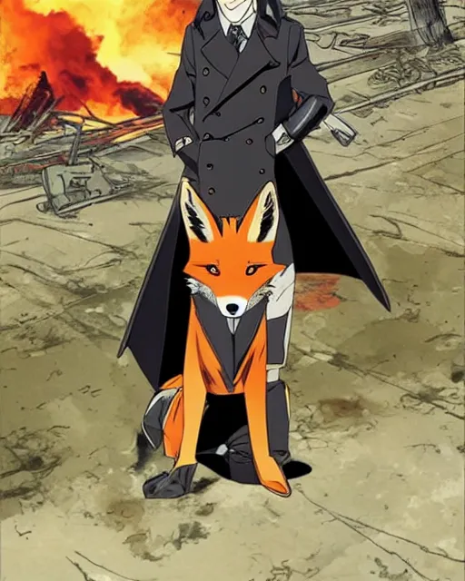 Prompt: a fox in a black trench - coat in front of a huge explosion in the middle of a war, style of anime