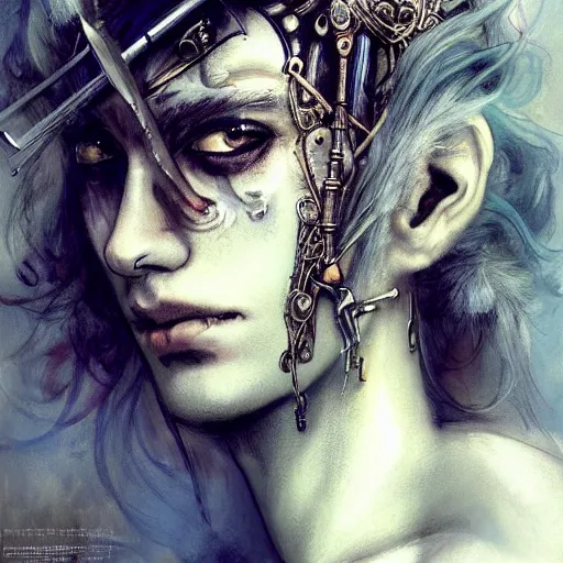 Image similar to portrait, headshot, insanely nice hair style, dramatic hair color, digital painting, of a old 17th century, old cyborg merchant, amber jewels, baroque, ornate clothing, scifi, realistic, hyperdetailed, chiaroscuro, concept art, art by Franz Hals and Jon Foster and Ayami Kojima and Amano and Karol Bak,