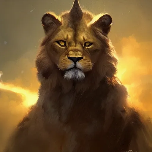 Prompt: a beautiful Norse Warrior based on Lion Cat with glowing aura by Greg Rutkowski and Raymond Swanland, Trending on Artstation, cloudy background, ultra realistic digital art