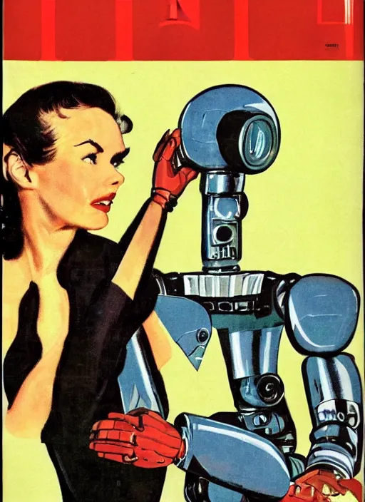 Prompt: a 1965 LIFE magazine cover, featuring a woman fighting a robot