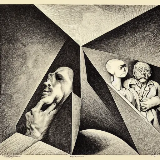 Image similar to lithography on paper secret artifact conceptual figurative post - morden monumental dynamic portrait by goya and escher and hogarth, illusion surreal art, highly conceptual figurative art, intricate detailed illustration, controversial poster art, polish poster art, geometrical drawings, no blur