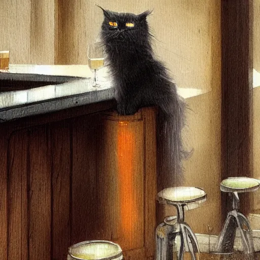 Image similar to of a british longhair cat sitting at the bar next to a beer, by greg rutkowski