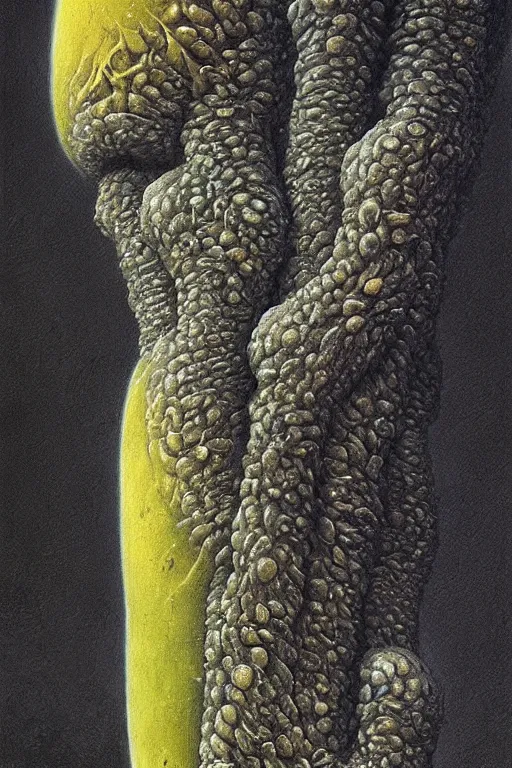 Image similar to cosmic horrors on my giant banana, close up of a banana, by zdzislaw beksinski, by dariusz zawadzki, by wayne barlowe, gothic, surrealism, cosmic horror, lovecraftian, cold hue's, warm tone gradient background, concept art, beautiful composition