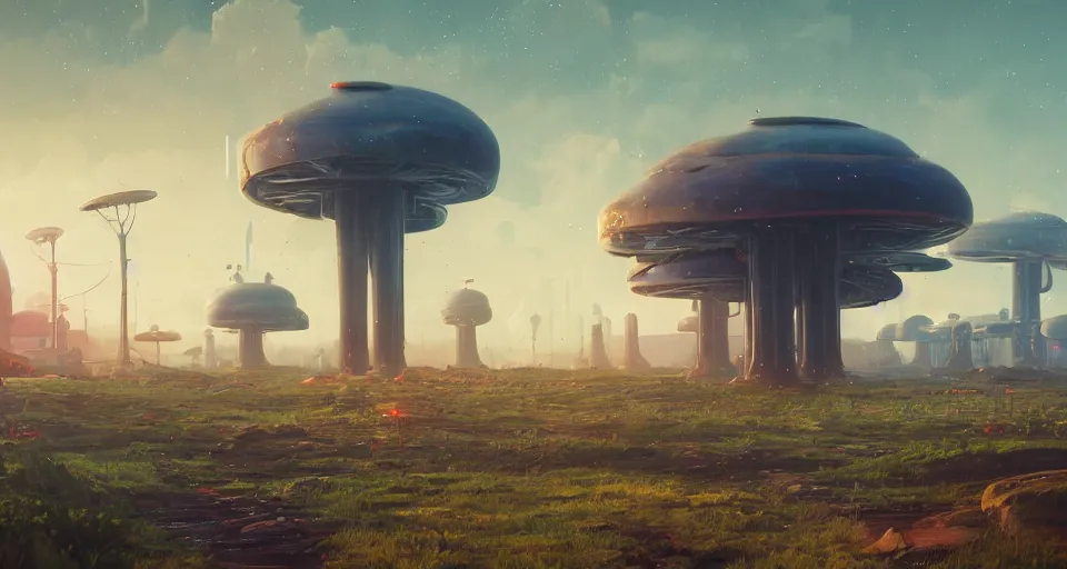 Image similar to GIANT MECHANICAL FUNGUS, landscape, center composition, cinematic, rendered by simon stålenhag, rendered by Beeple, Makoto Shinkai, syd meade, Gundam Style, environment concept, digital art, starwars, unreal engine, 3 point perspective, WLOP, trending on artstation, low level, 4K UHD image, octane render,