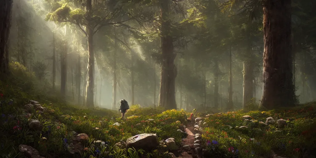 Image similar to a hiker with backpack hikes through a fantasy giant mushroom forest, first light, mountains, meadow, wildflowers, heard of elk, clouds, dramatic lighting, sunrise, by greg rutkowski and jeffrey smith, trending on artstation