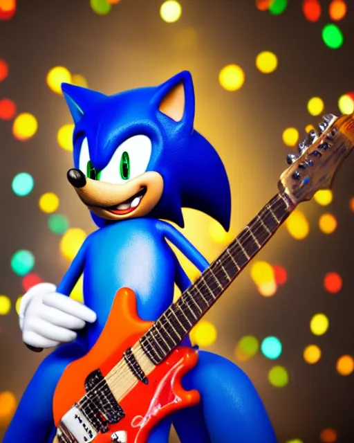 Image similar to A colorful studio portrait of Sonic the Hedgehog playing electric guitar in the style of a zany comedy movie; bokeh, 90mm, f/1.4