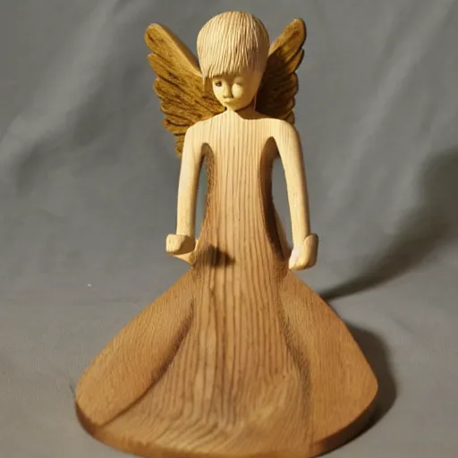 Prompt: wooden angel with metal wings folk horror