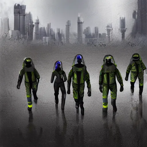 Image similar to a surreal landscape with towers in a harsh environment, a group of figures dressed in biohazard suits are walking, digital art