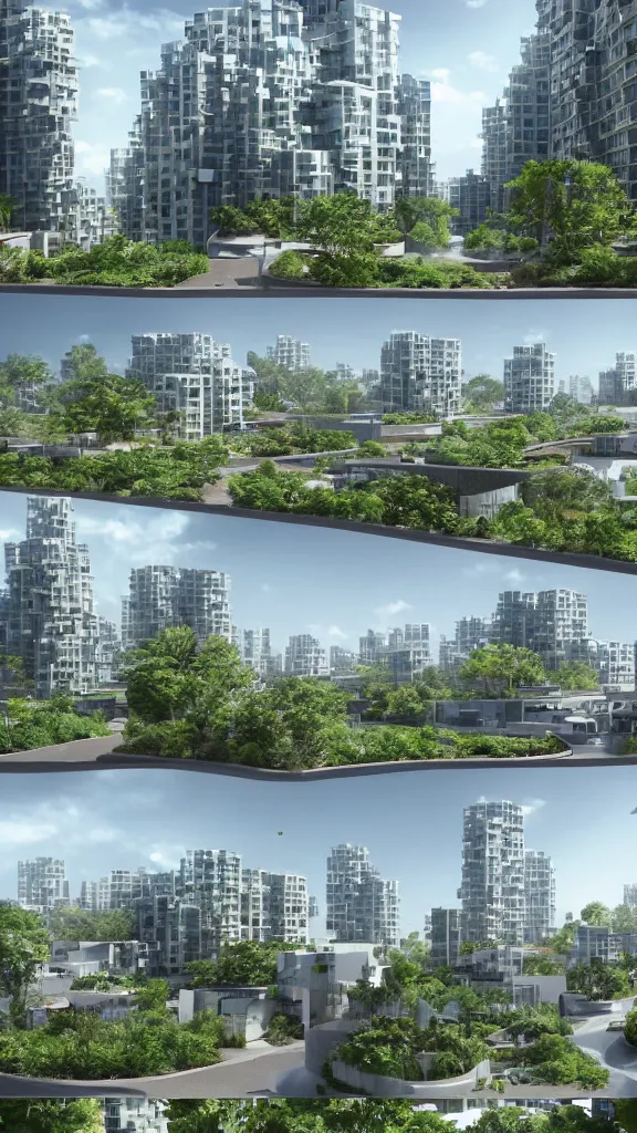 Prompt: 5 - panel comic page layout. 2 architects talking about sustainable futuristic building in a urban setting. ultrarealistic matte painting on white page. the buildings have many deep and tall balconies covered in plants and trees. thin random columns, large windows, deep overhangs. plants hang from balconies. greeble articulated details. 8 k, uhd.