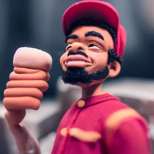 Image similar to a cinematic film still of a claymation stop motion film starring chance the rapper as a college student, shallow depth of field, 8 0 mm, f 1. 8