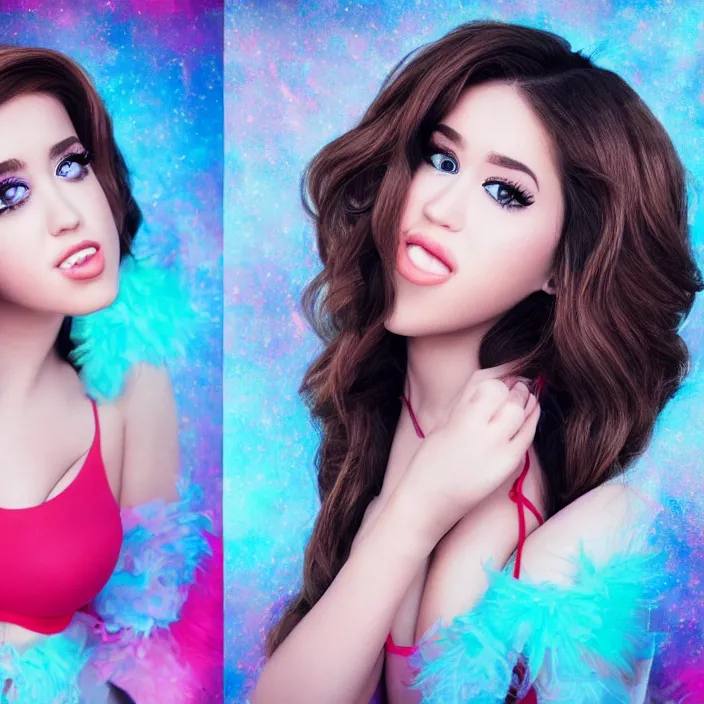 Image similar to beautiful portrait photograph of Pokimane in the style of Katy Perry’s Teenage Dream album cover, studio lighting, looking at the camera, super resolution, Extremely detailed