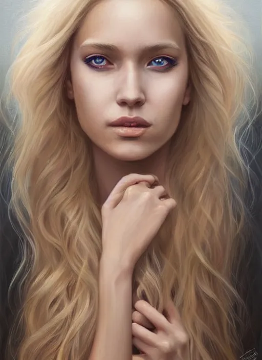 Image similar to a painting of a woman with long blonde hair, a photorealistic painting by magali villeneuve, featured on cgsociety, fantasy art, detailed painting, photorealistic