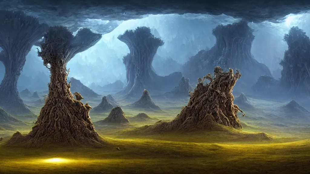 Image similar to gediminas pranckevicius an alien landscape view, alien sky, star in the sky, alien waterfall, weird alien trees, alien mountains, epic composition, 4 k, detailed, realistic