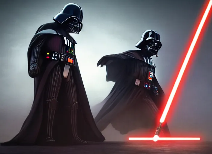 Image similar to a Photorealistic dramatic hyperrealistic render of darth vader with lightsaber drawn facing off against a calm cute corgi in battle, futuristic star wars vibe, by WLOP and Artgerm and Greg Rutkowski and Alphonse Mucha, Beautiful dynamic dramatic dark moody lighting, shadows, cinematic atmosphere, Artstation, concept design art, Octane render, 8K, masterpiece, sharp focus