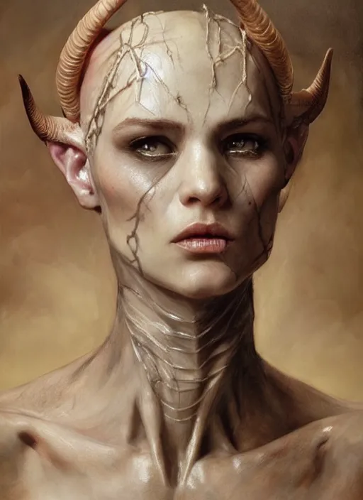 Prompt: half demon half human intricate skin ivory plastic, elegant, peaceful, full body, horns, hyper realistic, extremely detailed, dnd character art portrait, fantasy art, intricate fantasy painting, dramatic lighting, vivid colors, deviant art, artstation, by edgar maxence and caravaggio and michael whelan and delacroix.