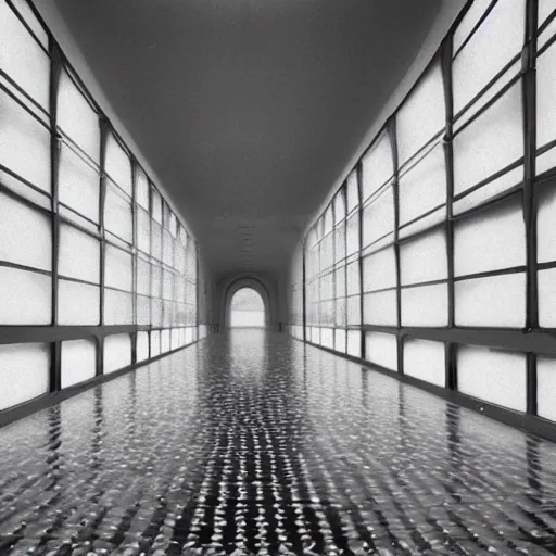 Image similar to Beautiful Fuzzy wide-eye-lens 15mm, harsh flash, cameraphone 2002, Photograph of an tiled infinite foggy liminal pool hallway with archways and water on the floor