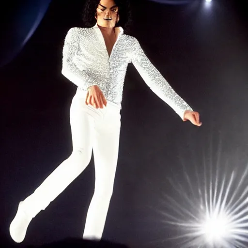 Image similar to thin michael jackson standing on stage live at the indoor o 2 arena wearing a sparkling white diamond outfit with large thin shoulder pads!!!!! doing a concert, multiple flashing lights and colorful spotlights, beautiful photography, cinematic, award - winning photo, highly detailed, this is it