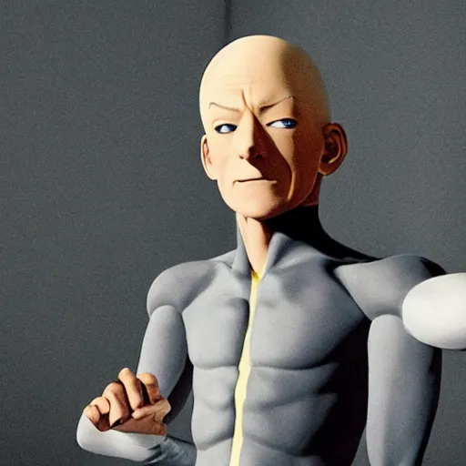 Prompt: film still, full body shot of ian mckellen playing saitama dressed in the one punch man costume