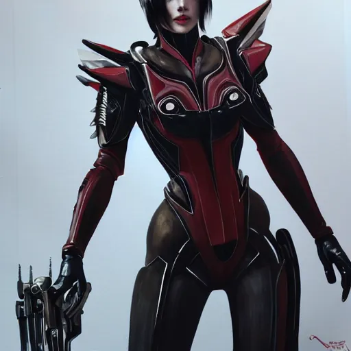 Image similar to A combination of Ada Wong's and Grace Kelly's and Ashley Greene's appearances wearing Warframe armor, high tech, action shot, angular, full body portrait, futuristic, dramatic, fantasy, intricate, elegant, highly detailed, digital painting, artstation, concept art, matte, sharp focus, illustration, 8K, art by Donato Giancola and James Gurney