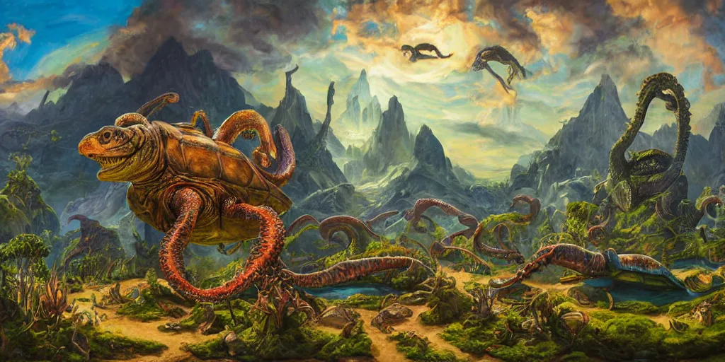 Image similar to fantasy oil painting, great leviathan, cybernetic turtle cephalopod terrapin reptilian pachyderm squid, bella hadid, hybrid, milla jovovich, anubis, epic natural light, lush plants flowers, spectacular mountains, bright clouds, luminous sky, outer worlds, golden hour, michael cheval, edward hopper, michael whelan, vray, hd