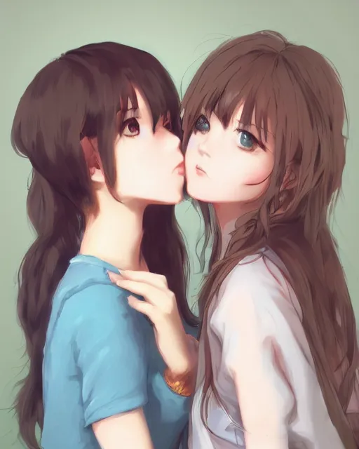 Image similar to portrait of two girls kissing, anime, drawn by WLOP, trending on Artstation