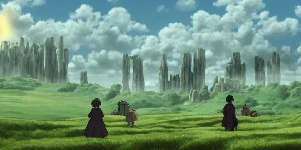 Image similar to a cell - shaded cartoon movie still from howl's moving castle ( 2 0 0 4 ) of a zombies in a flooded rainforest valley. stonehenge is seen in the background with shafts of sunlight from above. wide shot, very dull muted colors, hd, 4 k, hq