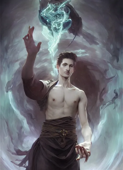 Image similar to character concept portrait of an attractive young Spanish wizard with white skin conjuring a hurricane spell, a floating iridescent spell book in the center, intricate, elegant, digital painting, concept art, smooth, sharp focus, illustration, from Metal Gear, by Ruan Jia and Mandy Jurgens and William-Adolphe Bouguereau, Artgerm