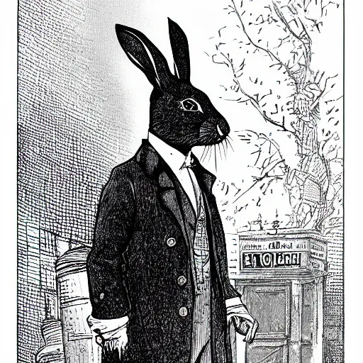 Image similar to a rabbit dressed up as sherlock holmes, book illustration