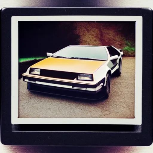 Image similar to wooden delorean, delorean made out of wood, old polaroid