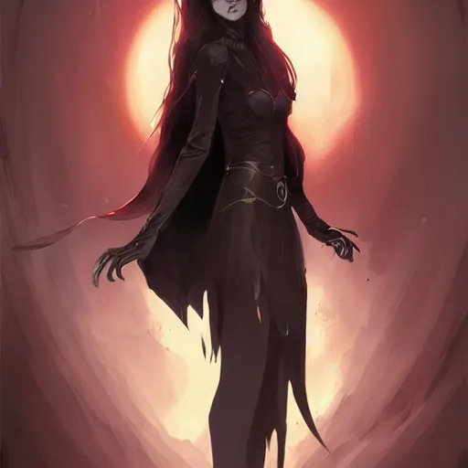 Image similar to female human vampire witch in the style of greg rutkowski, makoto shinkai, trending on artstation, character design, concept art, pretty face, highly detailed, long black hair, portrait, digital art