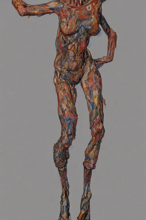 Image similar to a full body character with lifted arms in style of egon schiele, masterpiece, hyperdetailed, complex, intricate, veiled, 4 k, dynamic!! trending on artstation,