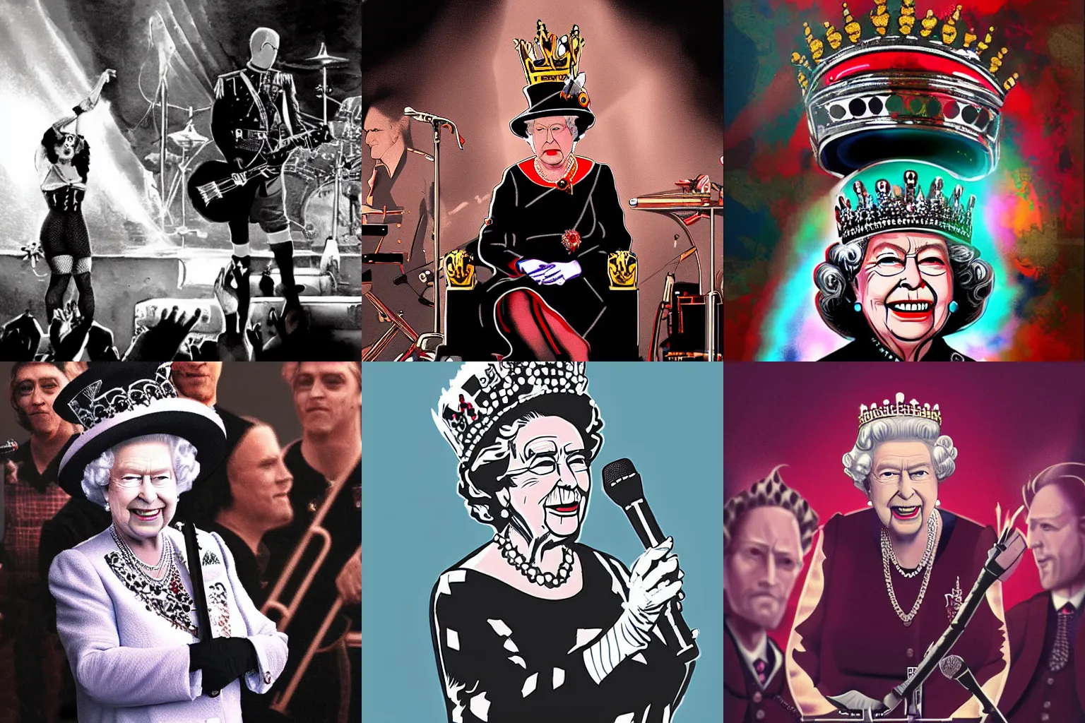 Prompt: Queen Elizabeth II on a concert stage singing with a punk band, Spotlights, smoke, Artstation