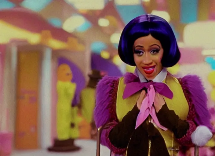 Image similar to film still of Cardi B as Willy Wonka in Willy Wonka and the Chocolate Factory 1971