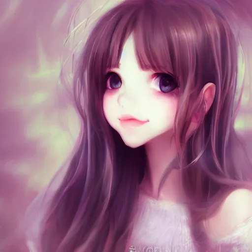 Image similar to cute girl smiling blushing kawaii lovely art drawn in art style of WLOP full HD 4K highest quality realistic beautiful gorgeous natural WLOP artist painting